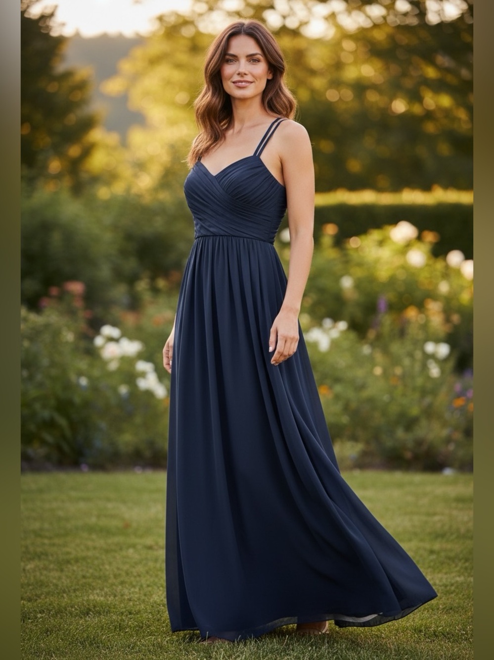 Bill Levkoff Navy Ruched V-Neck Maxi Dress with Double Straps Size 12